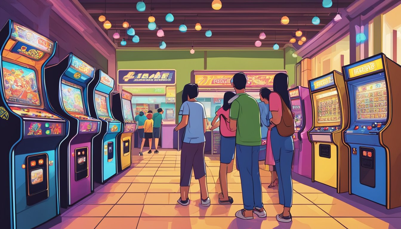 A brightly lit arcade showroom displays rows of classic and modern arcade machines in Singapore. Customers browse and play games, while a salesperson assists a couple with a purchase