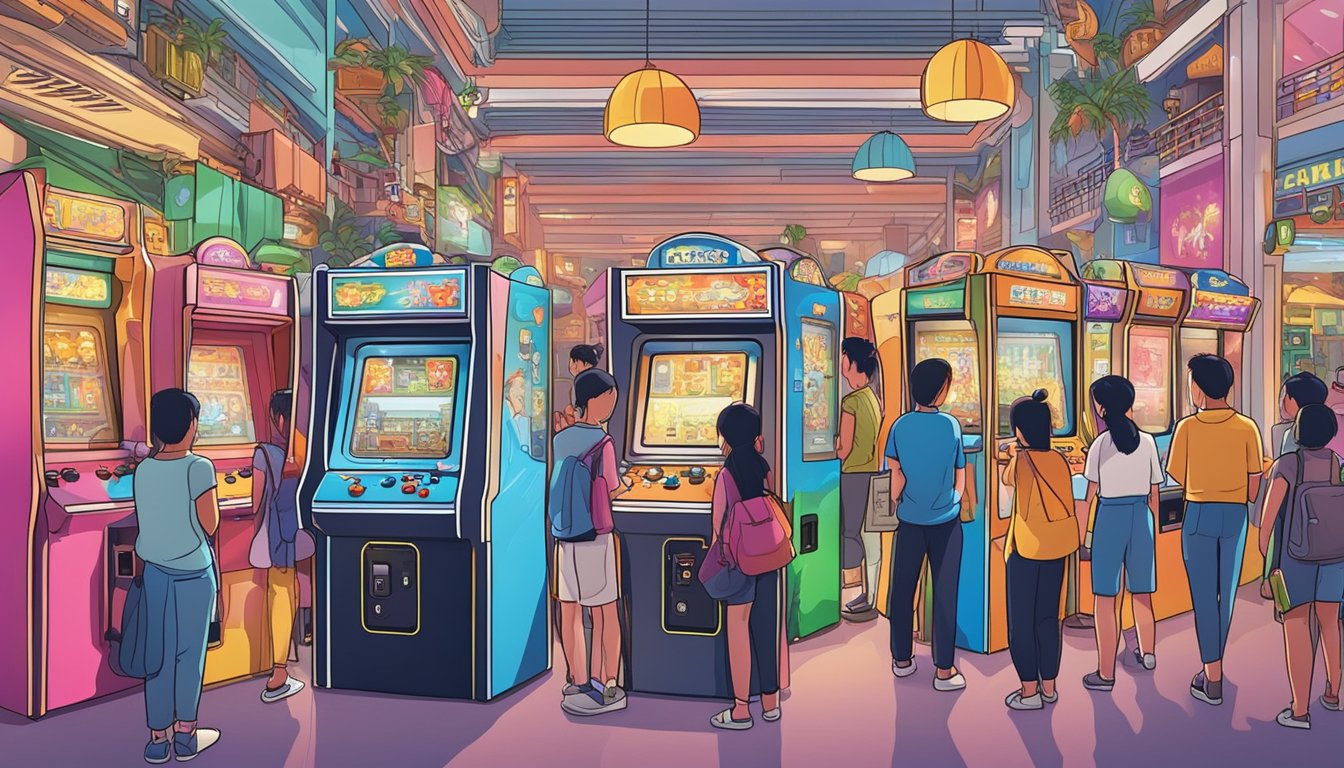 A colorful arcade machine surrounded by curious onlookers in a bustling arcade in Singapore