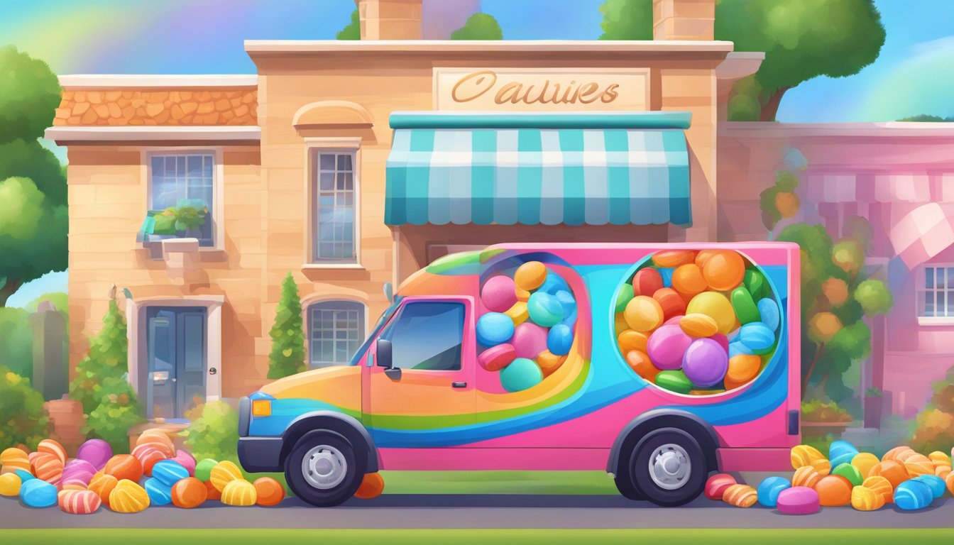 A computer screen displaying a variety of colorful candies. A delivery truck parked outside a house