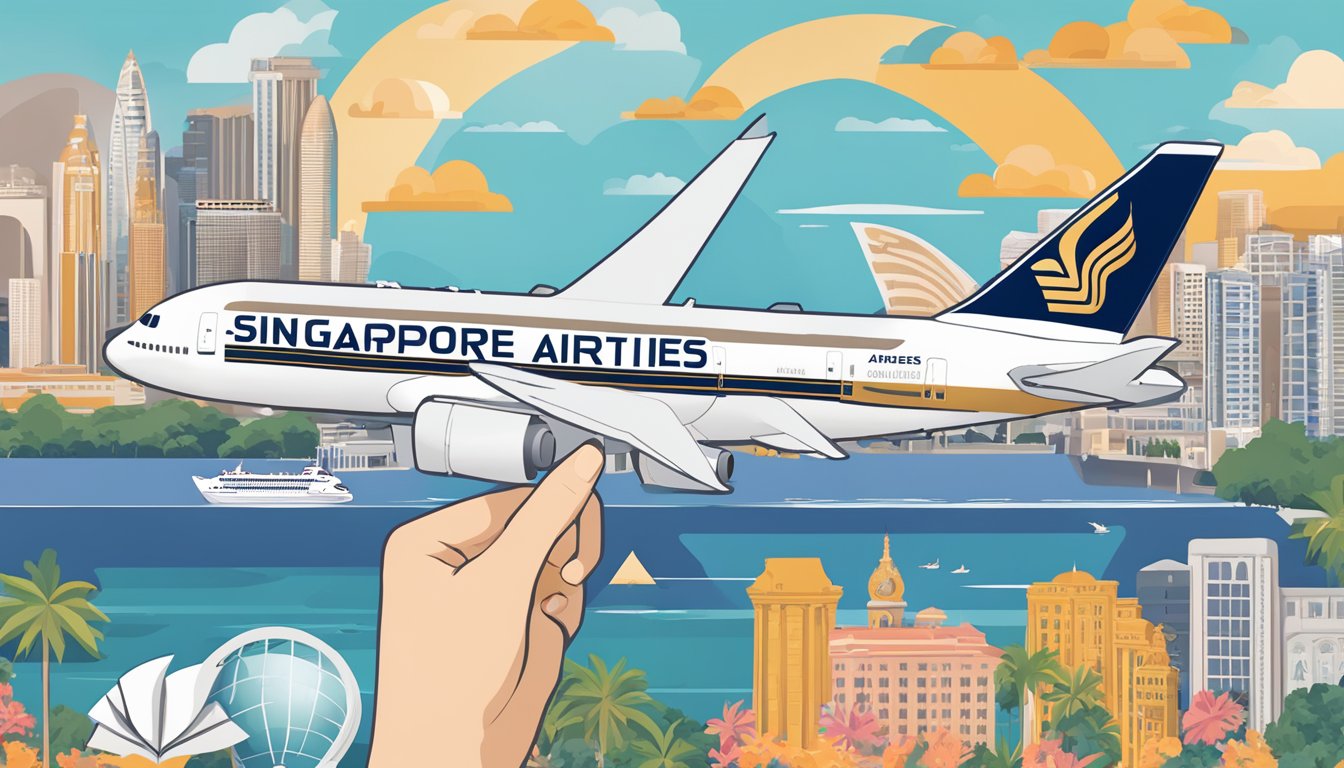 A hand holding a Singapore Airlines boarding pass with a KrisFlyer Miles logo, surrounded by images of iconic Singapore landmarks