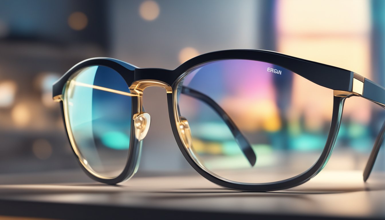A pair of glasses with high-quality lenses sits on a sleek display stand, surrounded by soft lighting and a clean, modern background
