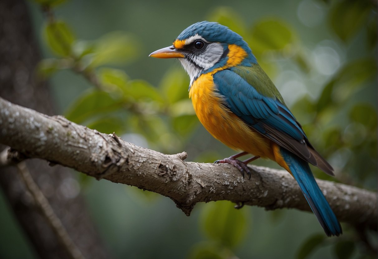 A colorful bird perches on a tree branch, its beady eyes fixed on a small insect below. The bird's head is tilted in curiosity, ready to make a move