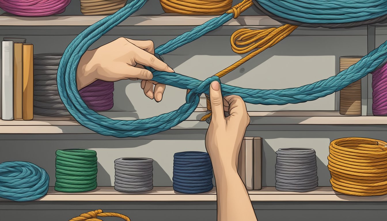 A hand reaches for a coiled rope on a shelf, surrounded by various types of ropes and cords