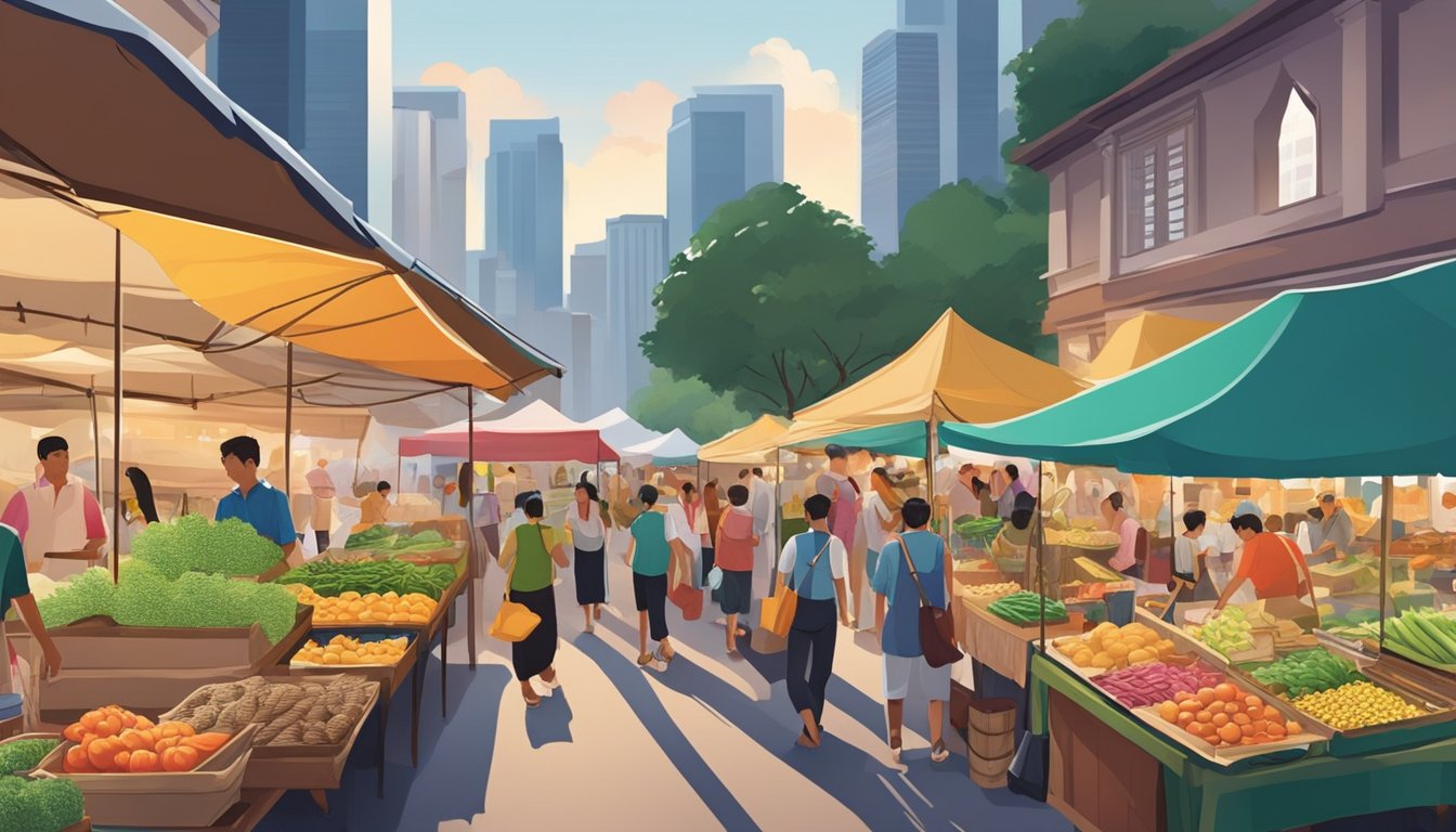 A bustling marketplace in Singapore, with colorful stalls and vendors selling fresh produce, street food, and handmade goods. The sound of music fills the air as local musicians perform and sell their beats