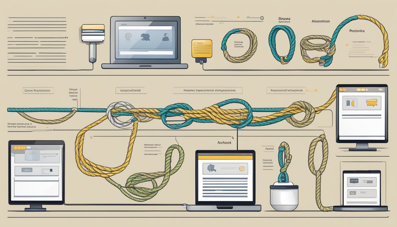 A computer screen displaying various types of ropes with detailed product descriptions and customer reviews, alongside a secure payment option