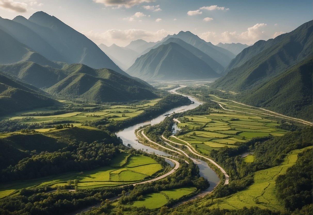 A sprawling landscape with winding rivers and lush greenery, surrounded by towering mountains in the distance