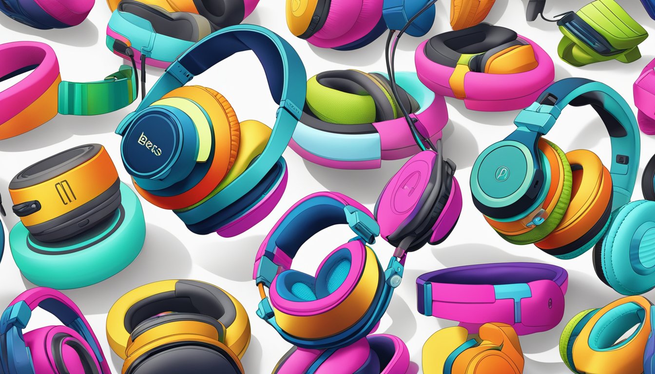A colorful array of headphones on display, with sleek designs and vibrant colors, showcasing the diverse Beats Range