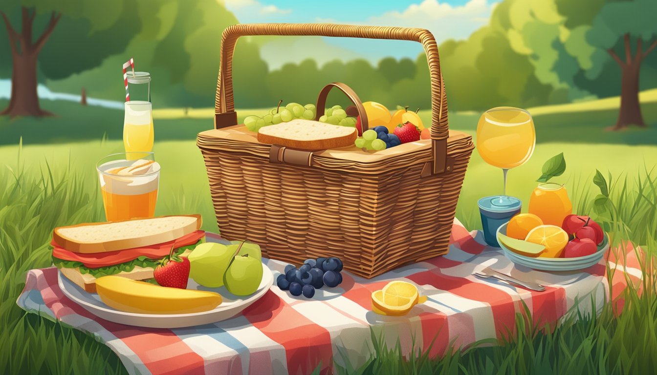 A colorful picnic basket surrounded by various picnic essentials like sandwiches, fruits, and drinks, with a backdrop of a serene outdoor setting