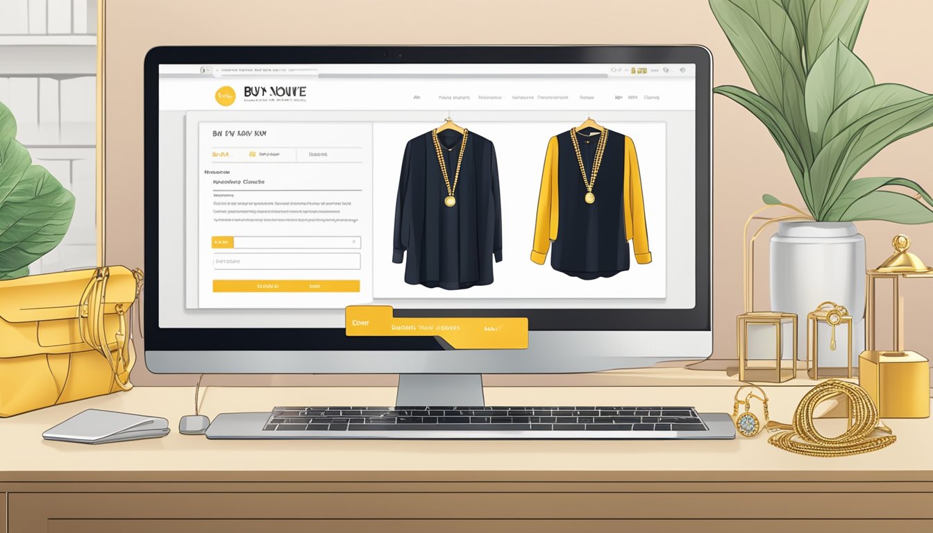 A computer screen displaying a website with a variety of gold necklaces available for purchase, with a "buy now" button highlighted
