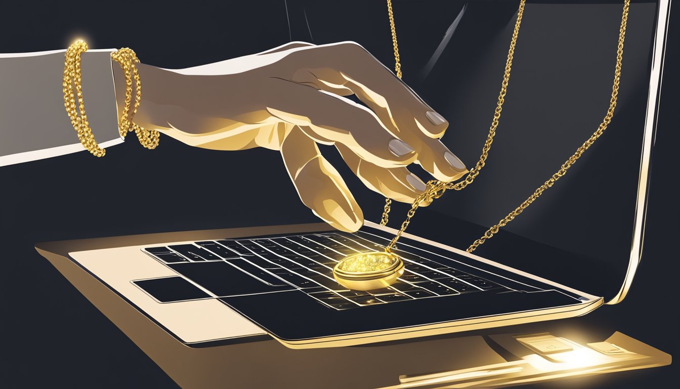 A hand reaches for a glowing gold necklace on a computer screen. The necklace is elegantly displayed against a dark background, highlighting its beauty