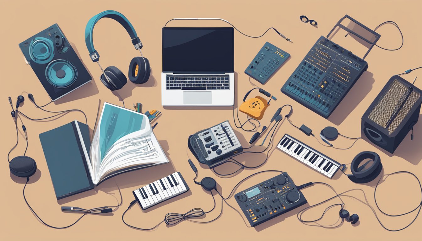 A table with a laptop and headphones, surrounded by musical instruments and a microphone. A sign reads "Frequently Asked Questions: buy beats singapore."