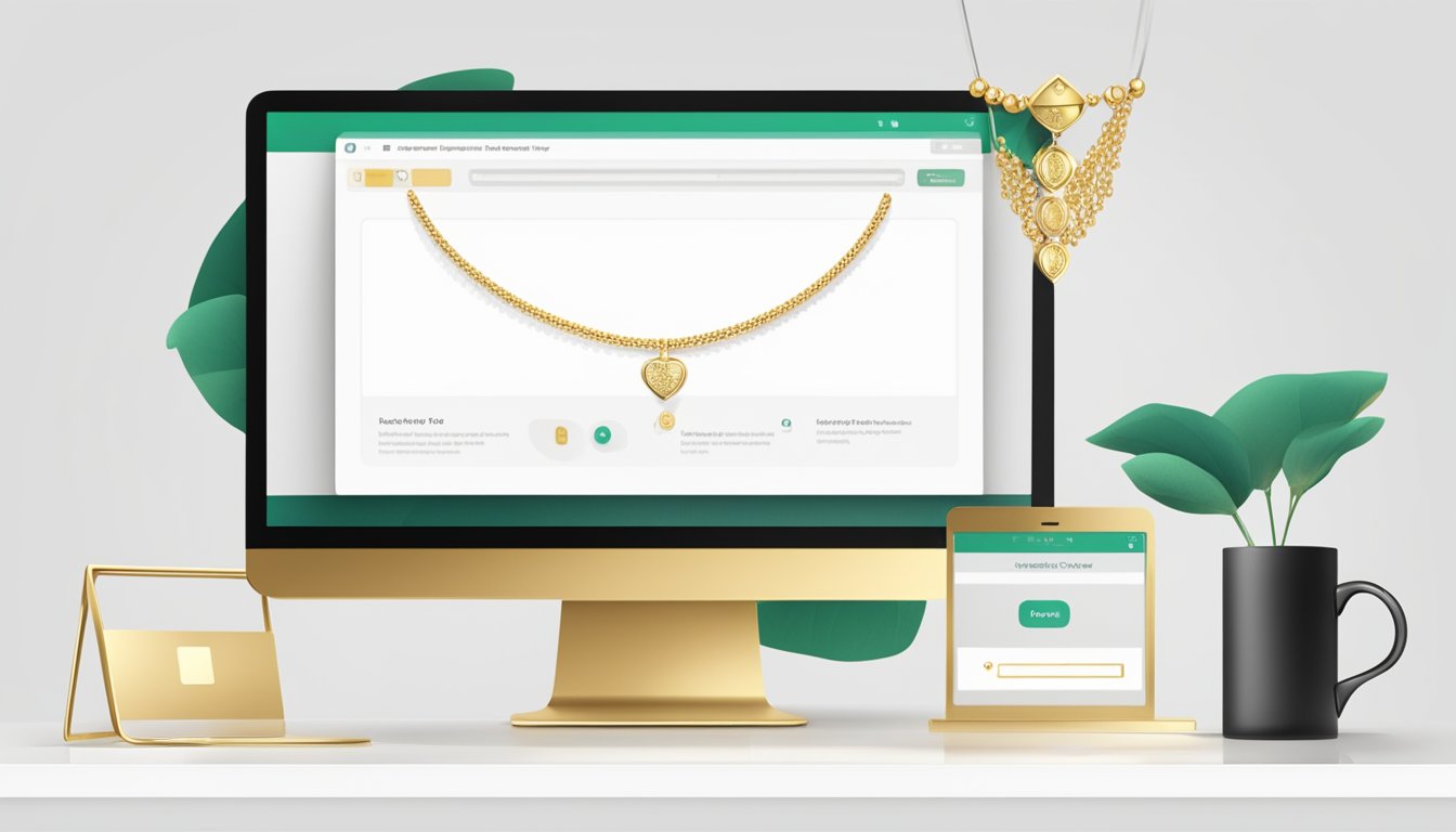 A computer screen displaying a sleek gold necklace on a white background, with a "buy now" button and secure payment options