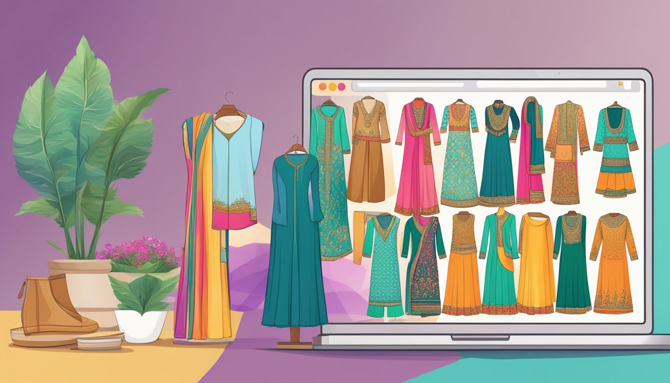 A computer screen displaying a website with a variety of colorful salwar kameez options available for purchase