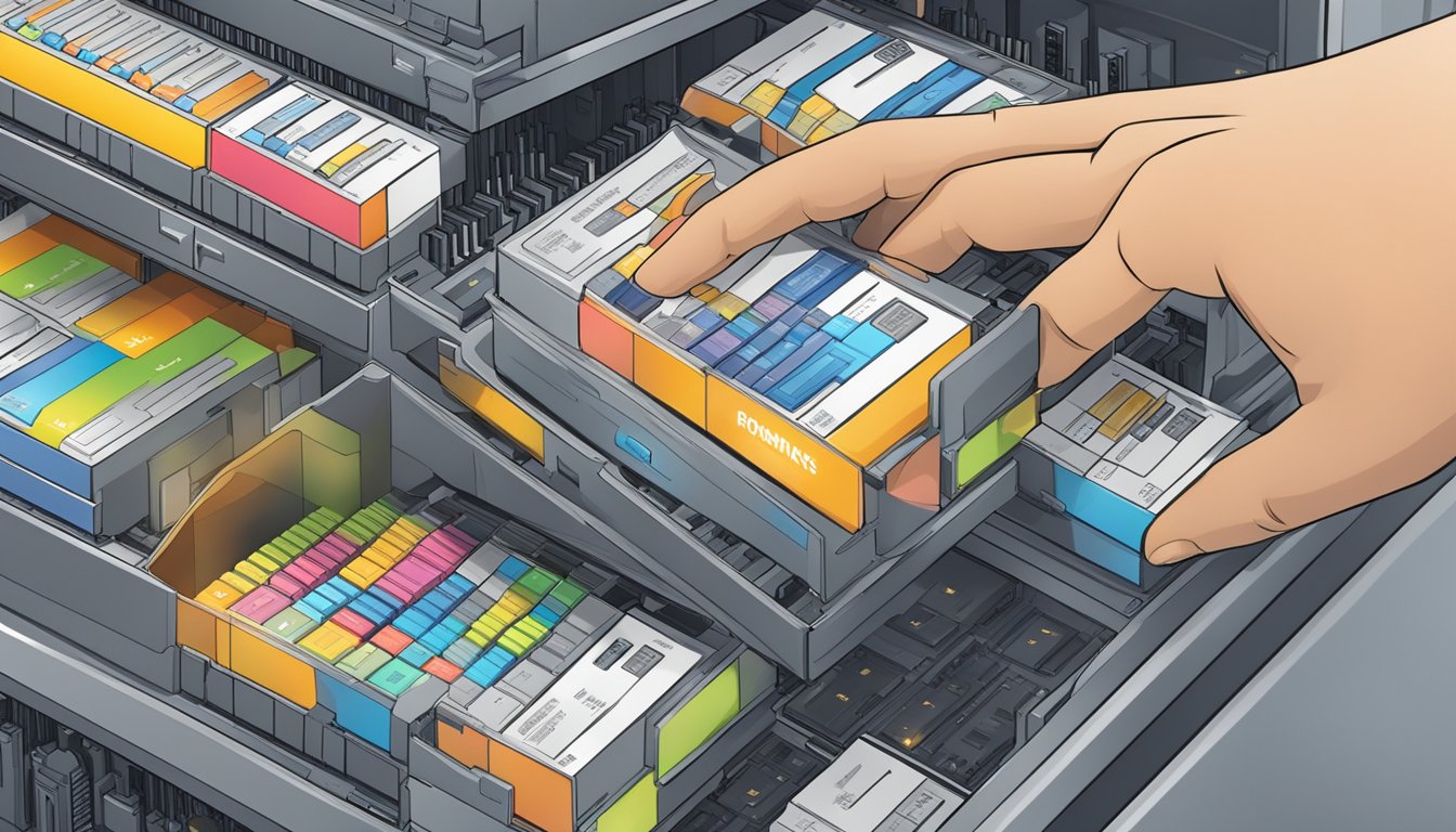 A hand reaches for different RAM modules on a store shelf, comparing sizes and specifications. Labels display varying memory capacities and speeds