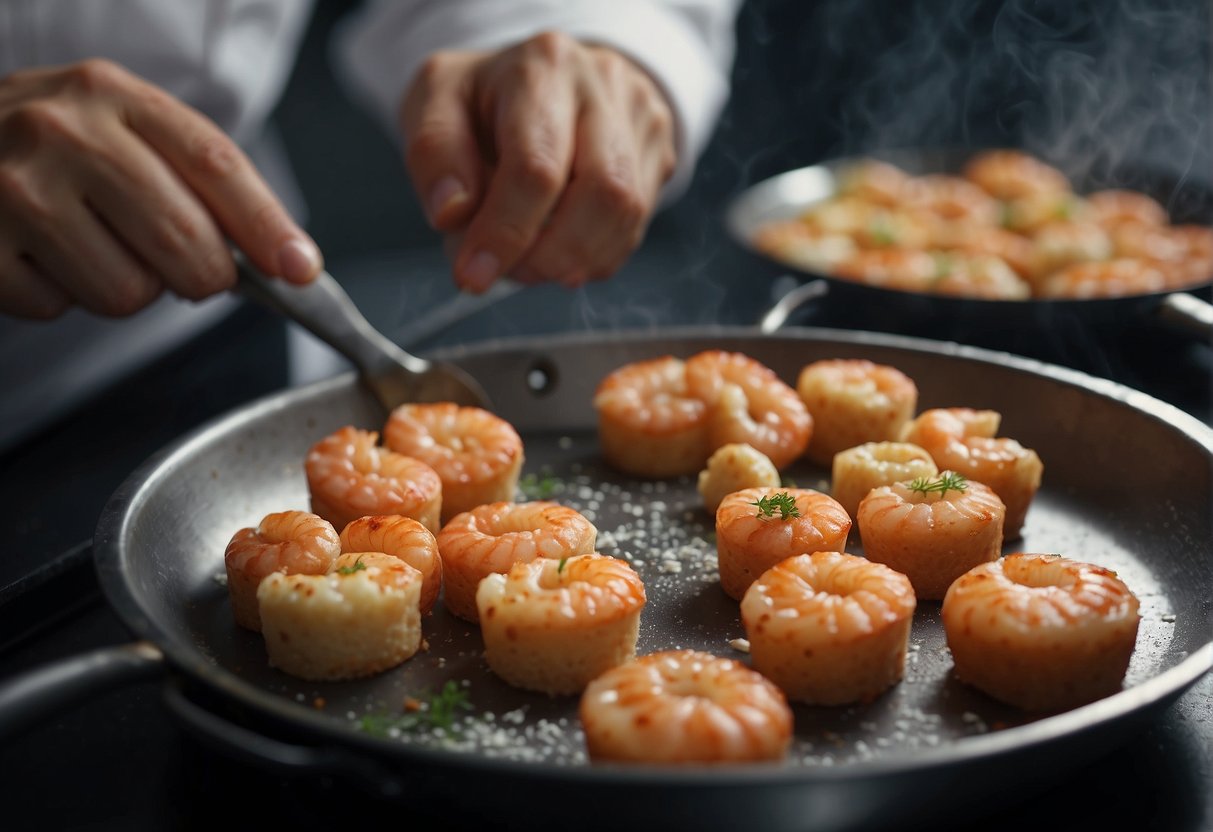 A chef mixes prawn, cornstarch, and seasoning in a bowl. They form the mixture into small cakes and fry them in a hot pan