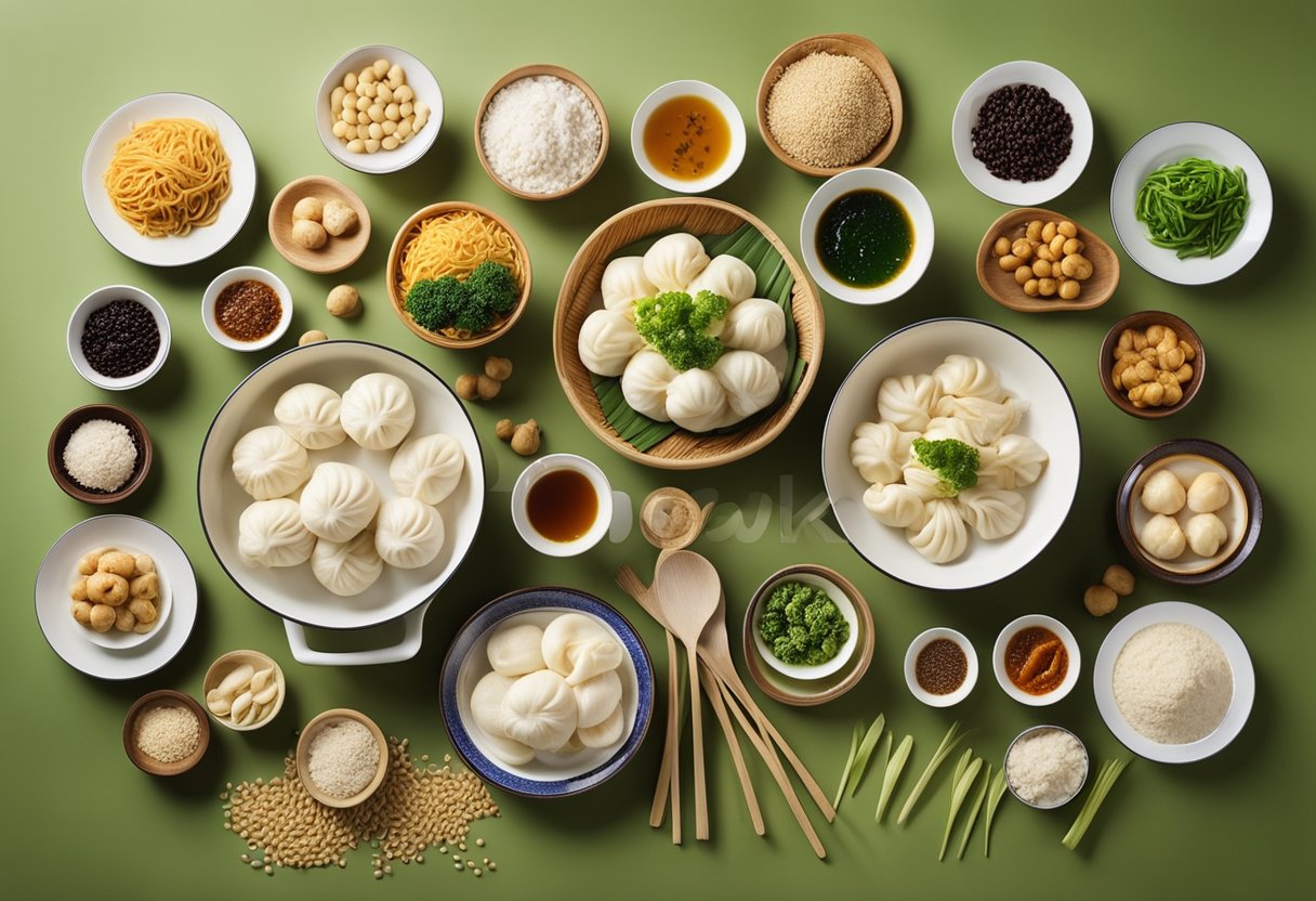 A table filled with traditional Chinese wheat flour dishes, including dumplings, noodles, and steamed buns. Ingredients and utensils are scattered around