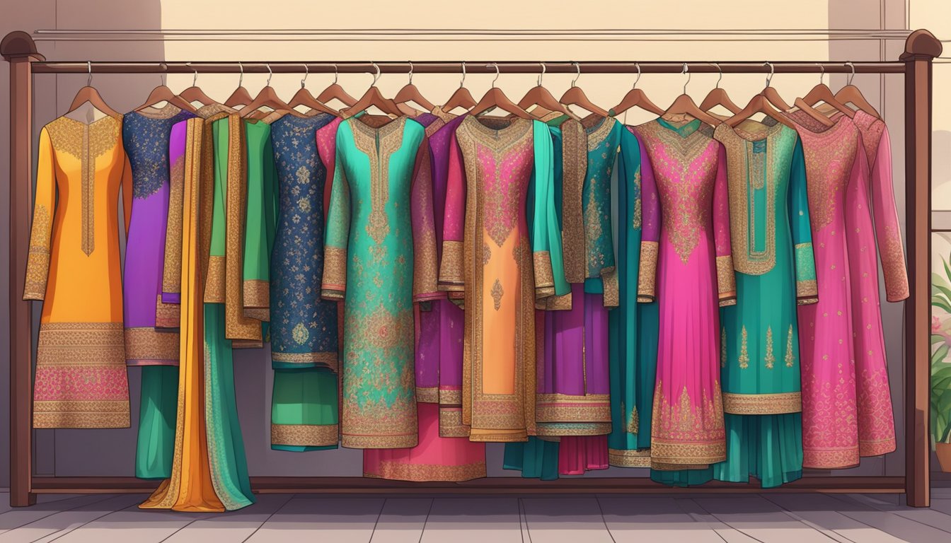 A vibrant display of colorful Salwar Kameez, neatly arranged on racks, with intricate embroidery and delicate fabrics