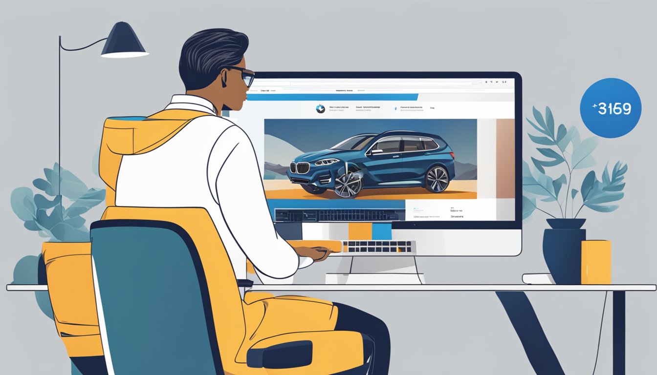 A person sitting at a computer, browsing the BMW website, with a "Buy Now" button highlighted on the screen