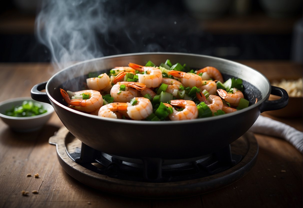 A wok sizzles with prawns, garlic, and ginger. A mixing bowl holds chopped water chestnuts, scallions, and cilantro. Soy sauce and cornstarch sit nearby