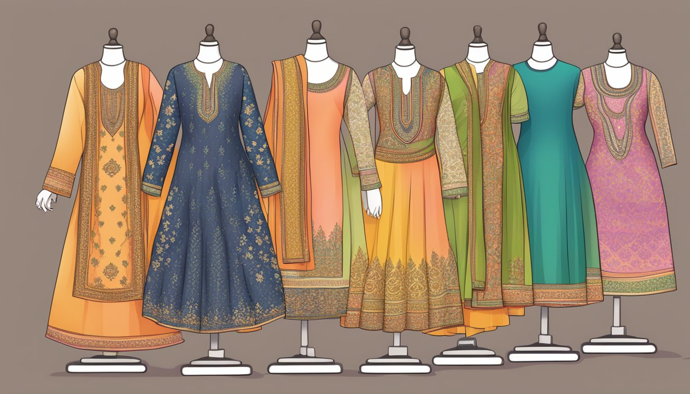 A computer screen displaying a variety of colorful salwar kameez options. A hand hovers over a mouse, ready to click and purchase