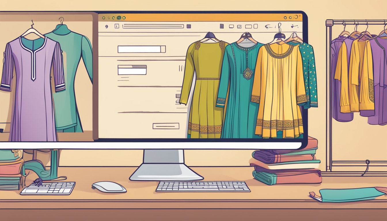 A computer screen displaying a website with various salwar kameez options. A cursor hovers over a "FAQ" link