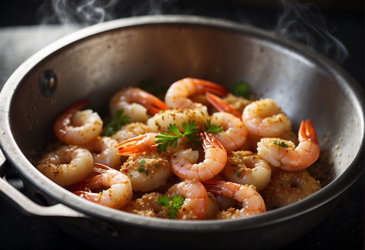 Prawns and seasoning mixed in a bowl. Flour being added. Mixture being shaped into patties and fried in a pan