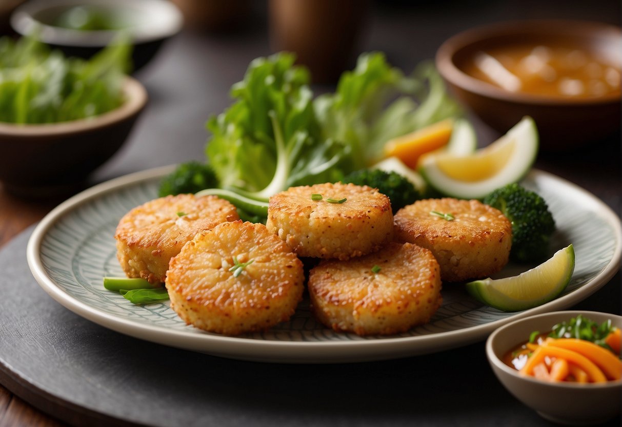 A plate of golden-brown Chinese prawn cakes with a side of fresh, vibrant vegetables and a small dish of tangy dipping sauce