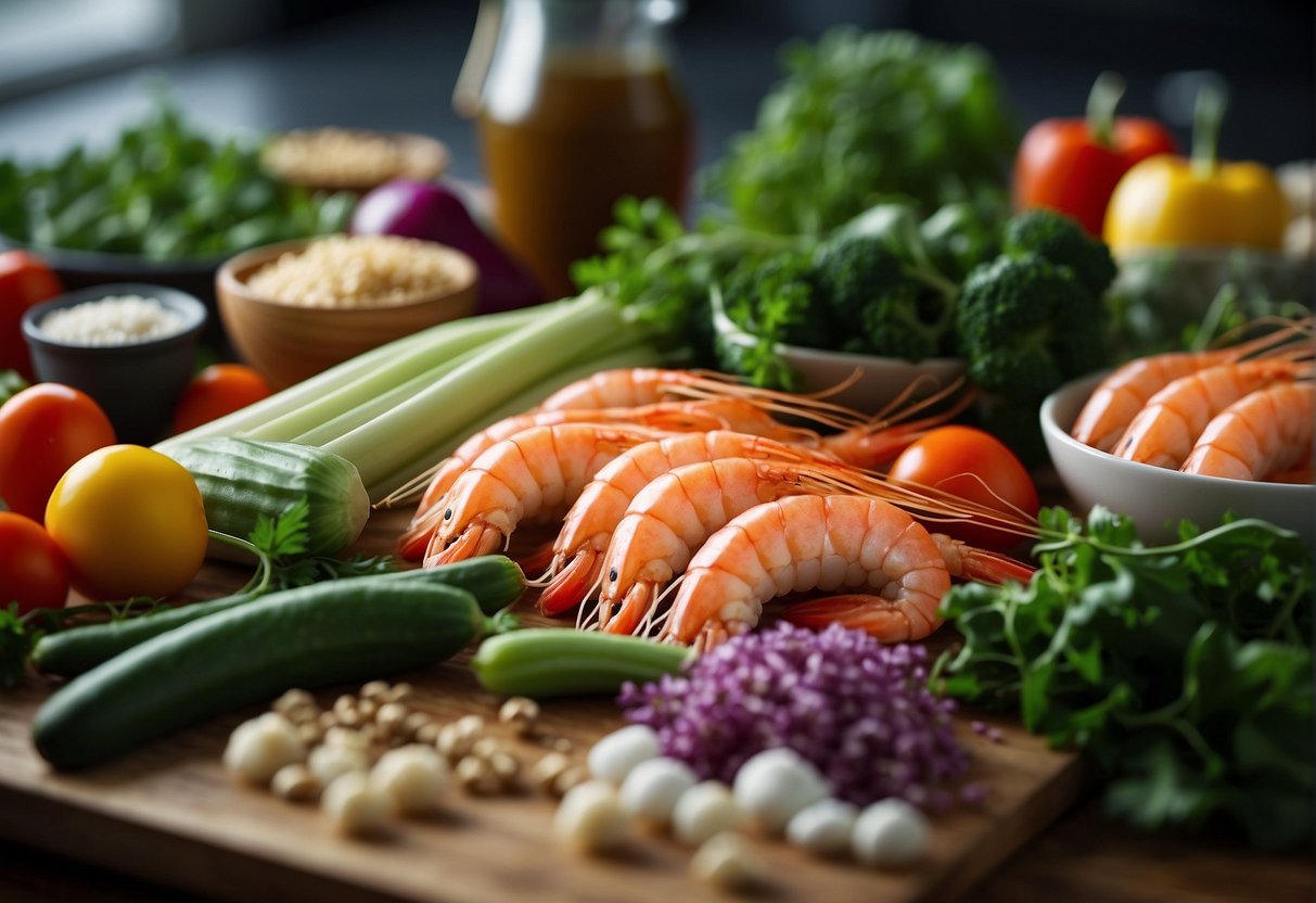 A colorful array of fresh ingredients, including prawns, vegetables, and seasonings, arranged on a clean kitchen countertop