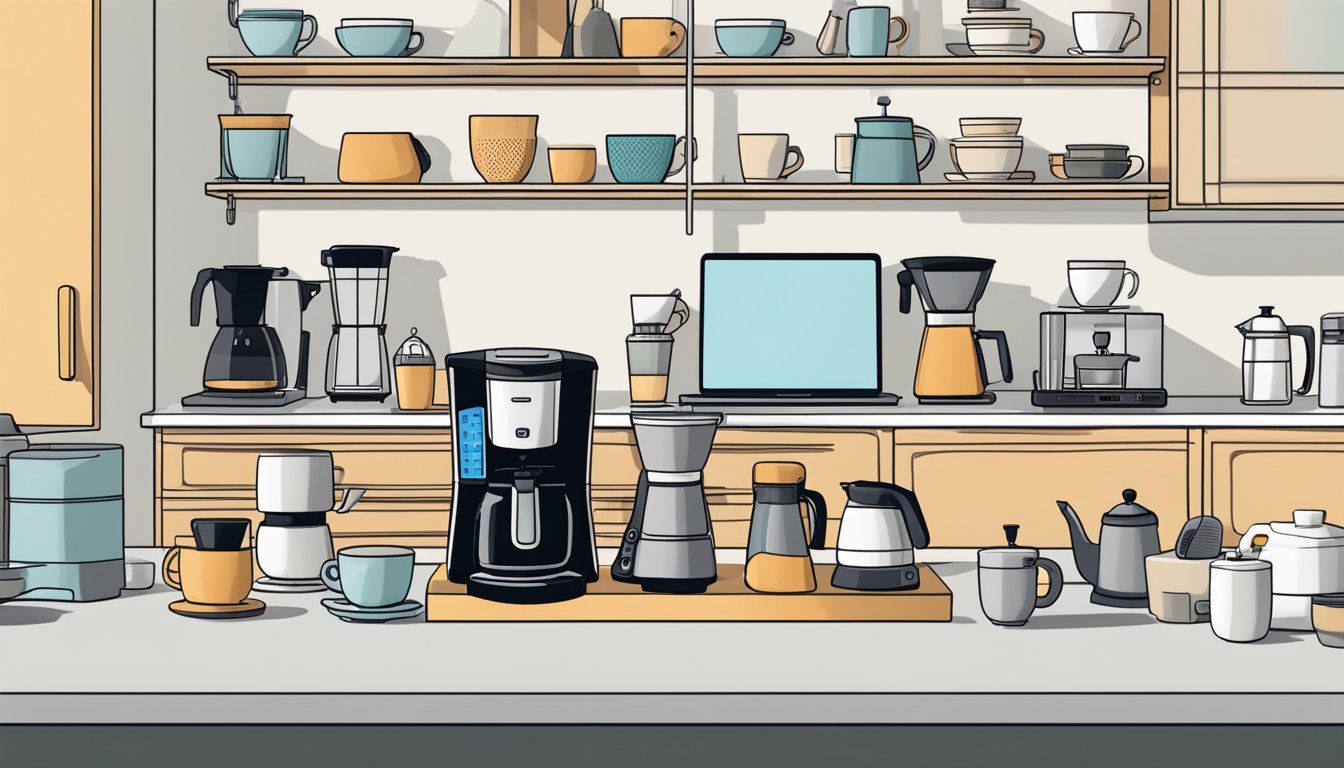 A kitchen counter with various coffee makers displayed, a laptop open to an online store, and a hand reaching for a preferred model
