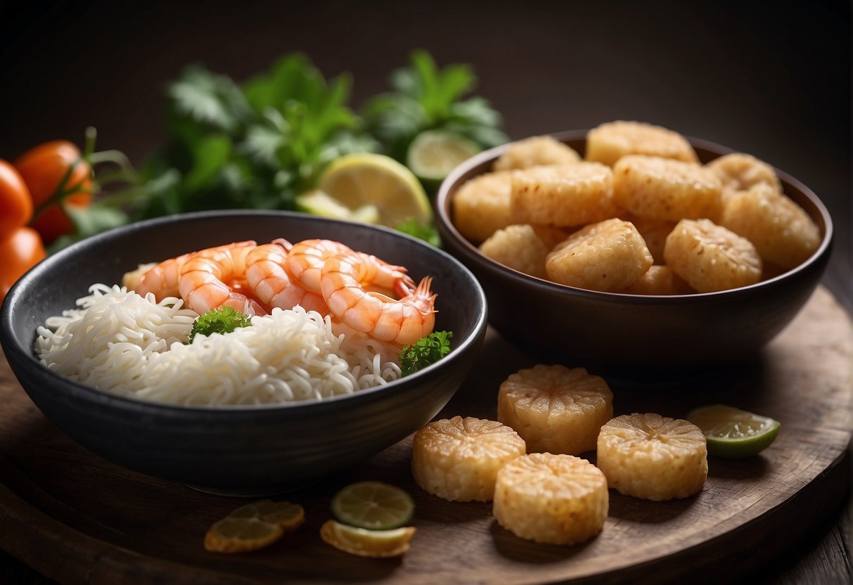 A table with ingredients and utensils for making Chinese prawn cakes