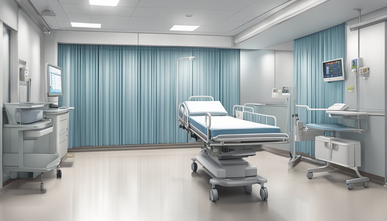 A hospital bed with adjustable features and side rails, set in a clean and well-lit hospital room in Singapore