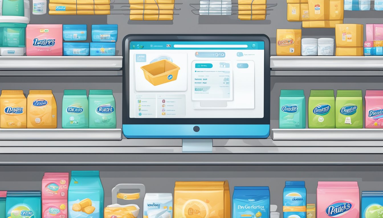 A computer screen with a variety of diaper brands and prices displayed. A cursor hovers over the "add to cart" button