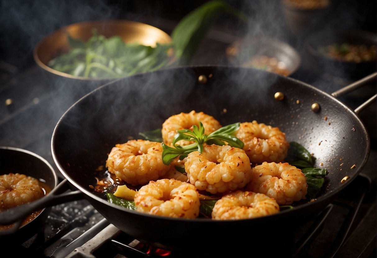 Golden prawn fritters sizzle in a wok, surrounded by bubbling oil. A fragrant mix of garlic, ginger, and chili fills the air