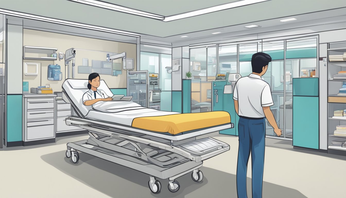 A customer selects a hospital bed from various options at a Singapore store, while a sales representative assists