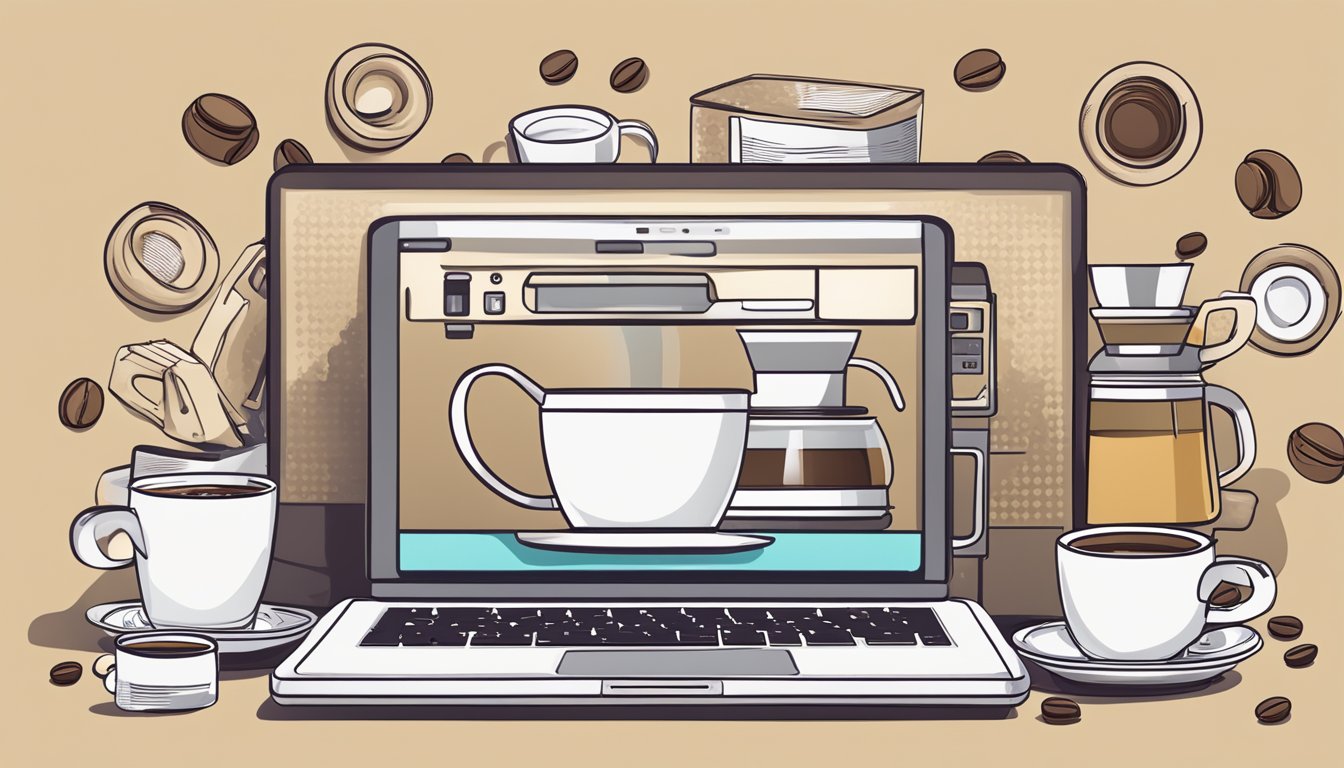 A laptop with a coffee maker website open, surrounded by coffee beans and mugs