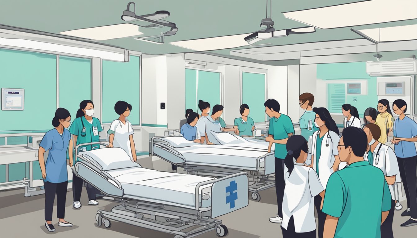 A hospital bed surrounded by a group of people, with one person pointing to a sign that reads "Frequently Asked Questions: buy hospital bed singapore."