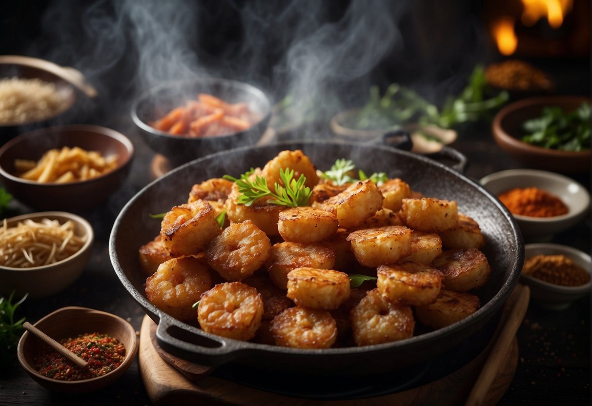 A sizzling wok fries up crispy Chinese prawn fritters, surrounded by traditional cooking utensils and aromatic spices, showcasing the cultural significance of this historical recipe