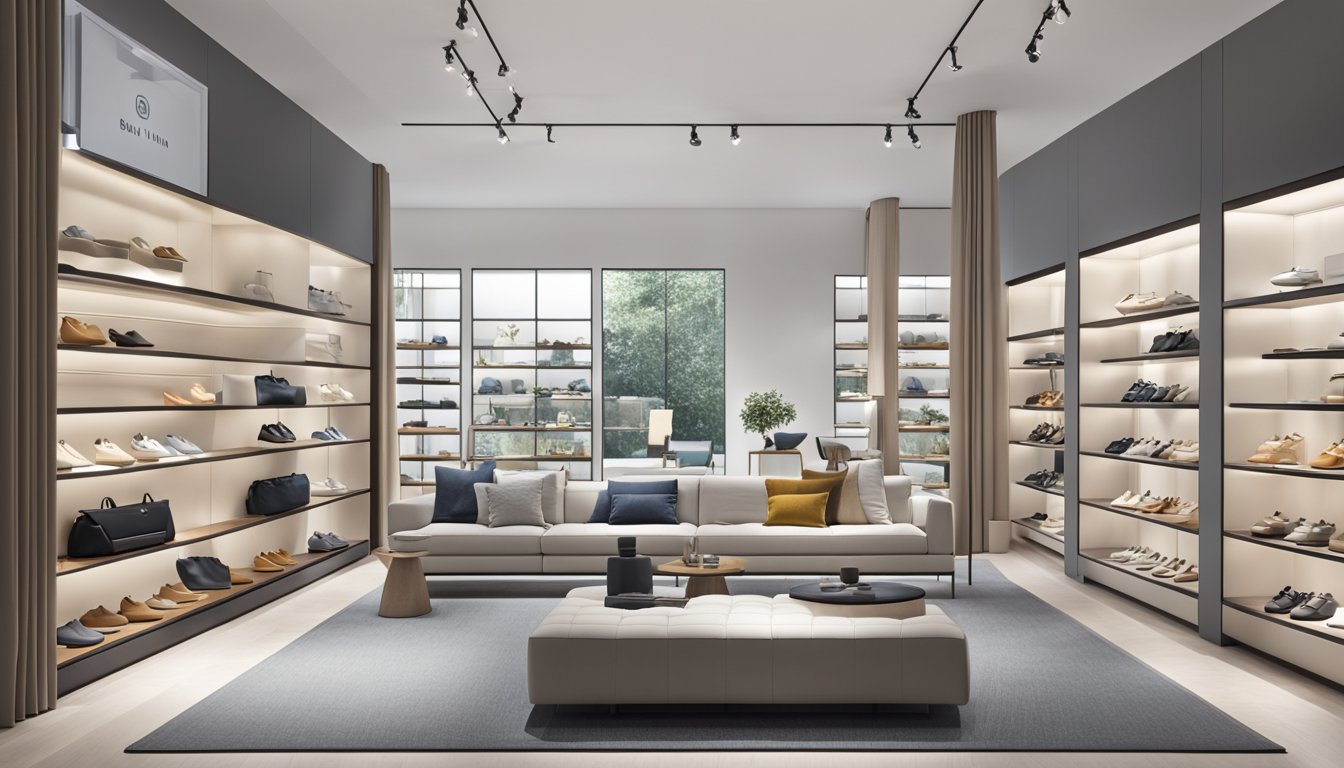 Braun Büffel's latest collection displayed on sleek, modern shelves in a well-lit, minimalist boutique setting