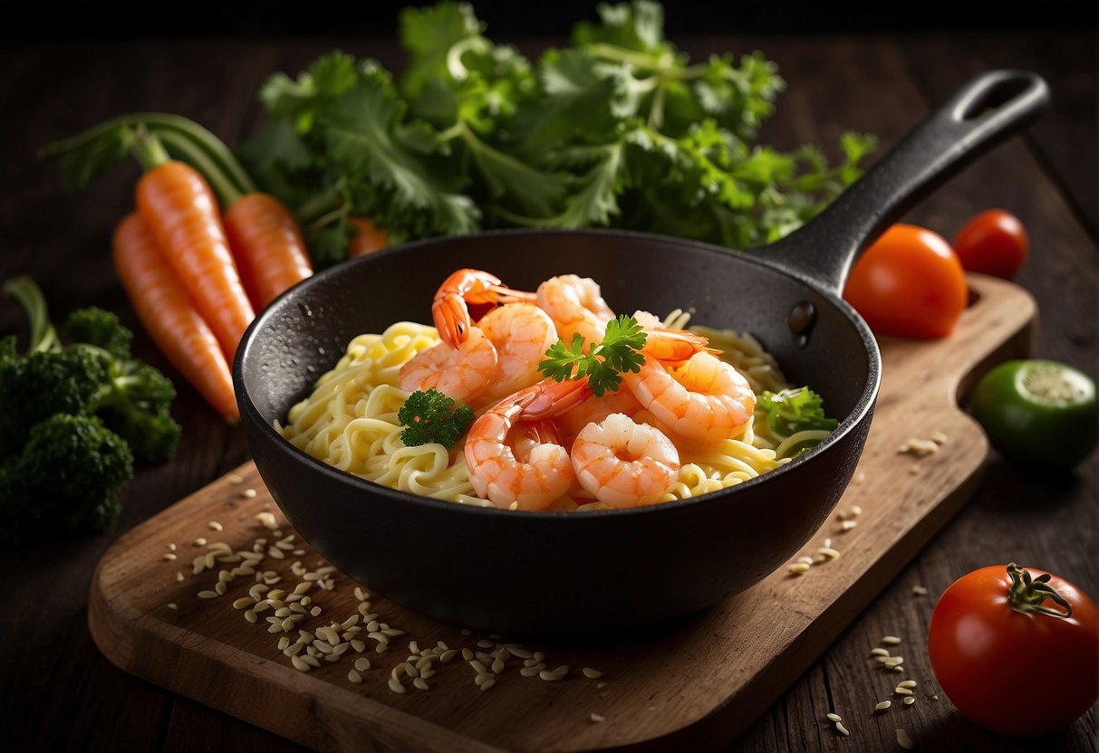 A bowl of batter with prawns, vegetables, and seasoning, next to a hot frying pan