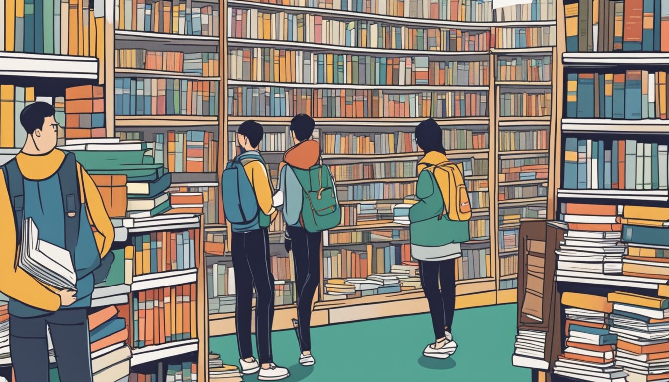 Students browsing shelves of secondhand textbooks in a Singapore bookstore