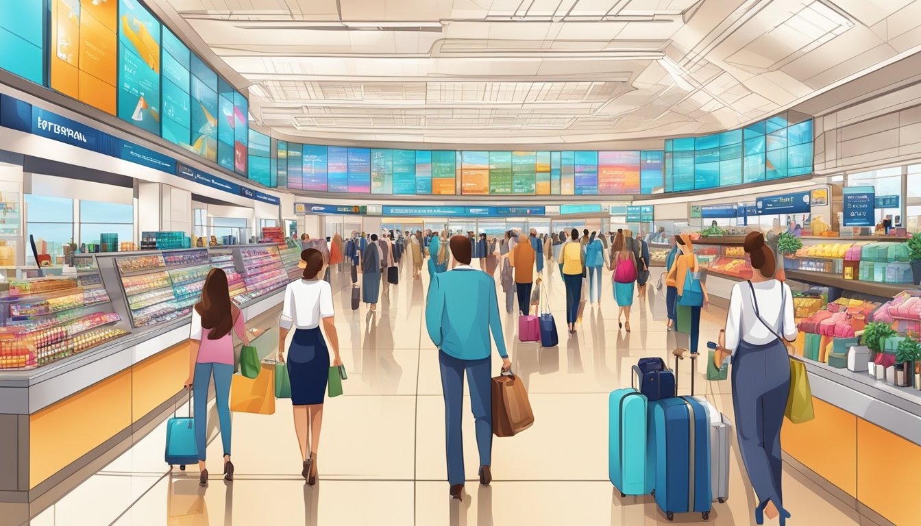 A bustling airport terminal with vibrant displays of luxury beauty and lifestyle products, inviting travelers to explore and indulge in shopping opportunities