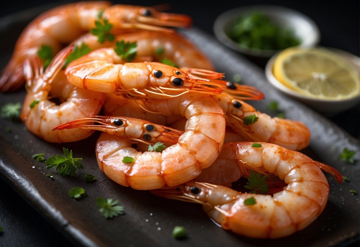 Prawns sizzle in hot oil. Flour-coated prawns are deep-fried until golden brown. Aromatic spices fill the air