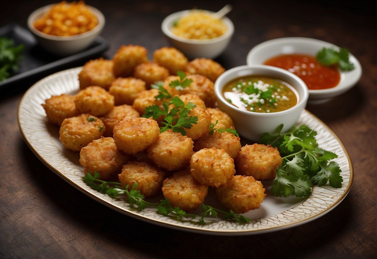A platter of golden Chinese prawn fritters surrounded by small bowls of dipping sauces and garnished with fresh herbs