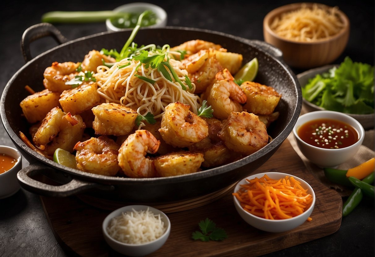 A sizzling wok fries up golden Chinese prawn fritters, surrounded by bowls of fresh ingredients and bottles of soy sauce