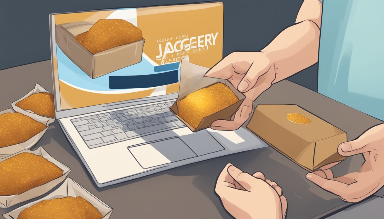 A hand reaches out to open a package, revealing a block of golden-brown jaggery. A computer screen in the background shows an online jaggery purchase