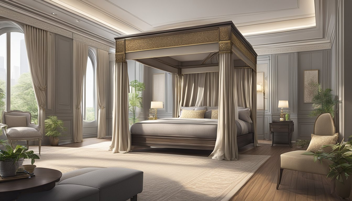 A luxurious four poster bed stands in a spacious bedroom in Singapore, with elegant drapes and intricate design details
