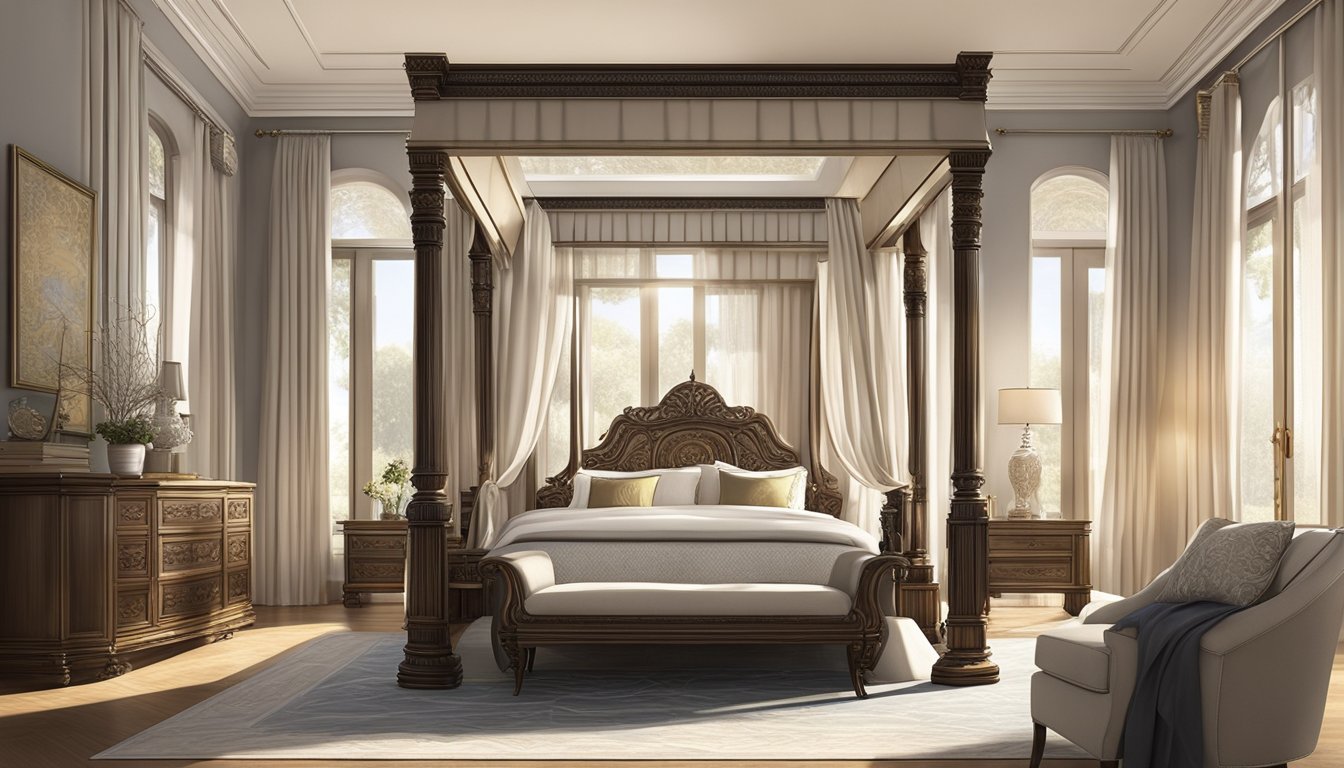 A luxurious four poster bed stands tall in a spacious, sunlit room, adorned with flowing drapes and intricate carvings, exuding an air of elegance and sophistication