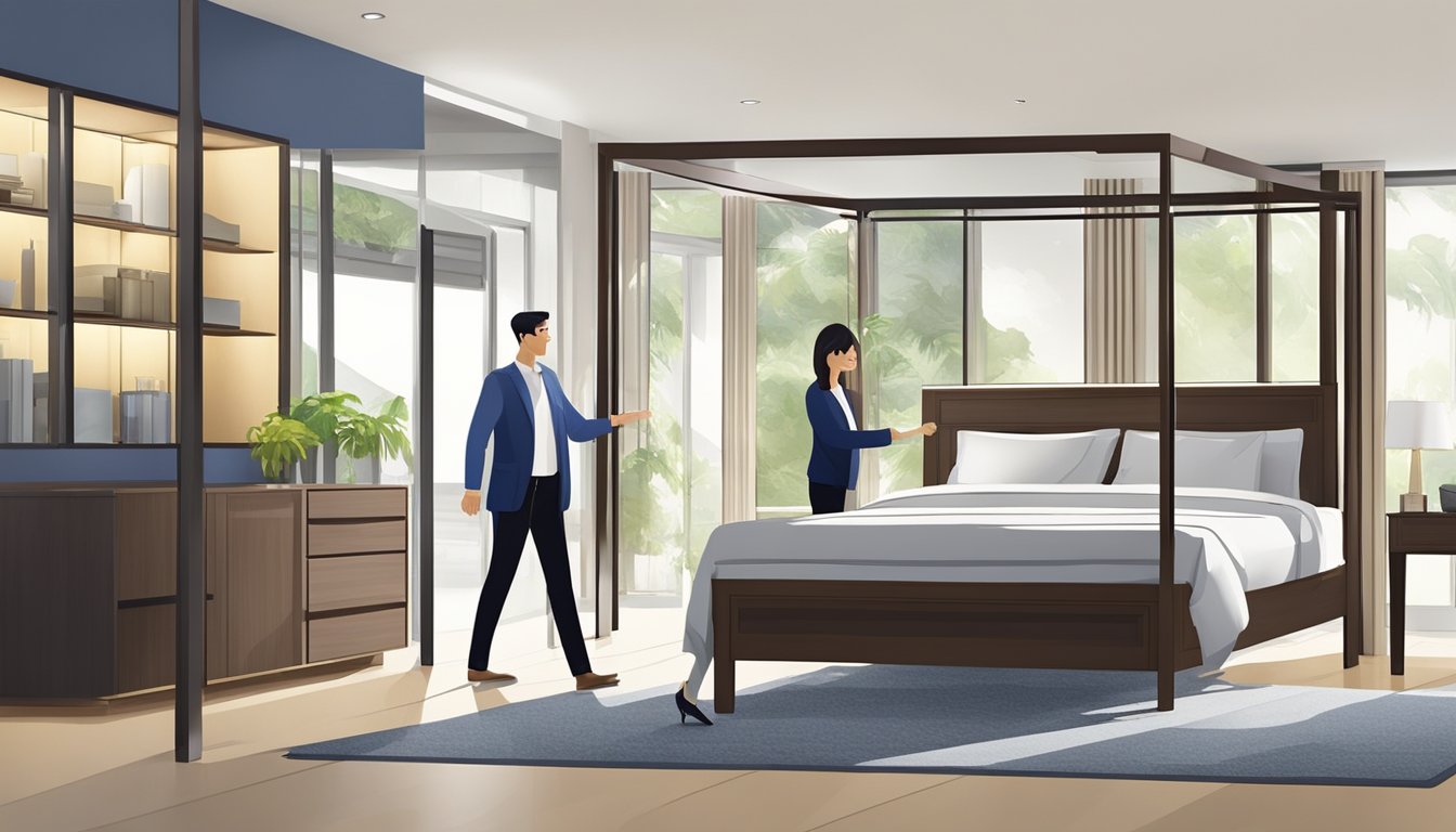 A customer happily buys a four poster bed in a Singapore furniture store. The salesperson assists with the purchase, and the bed is beautifully displayed in the showroom