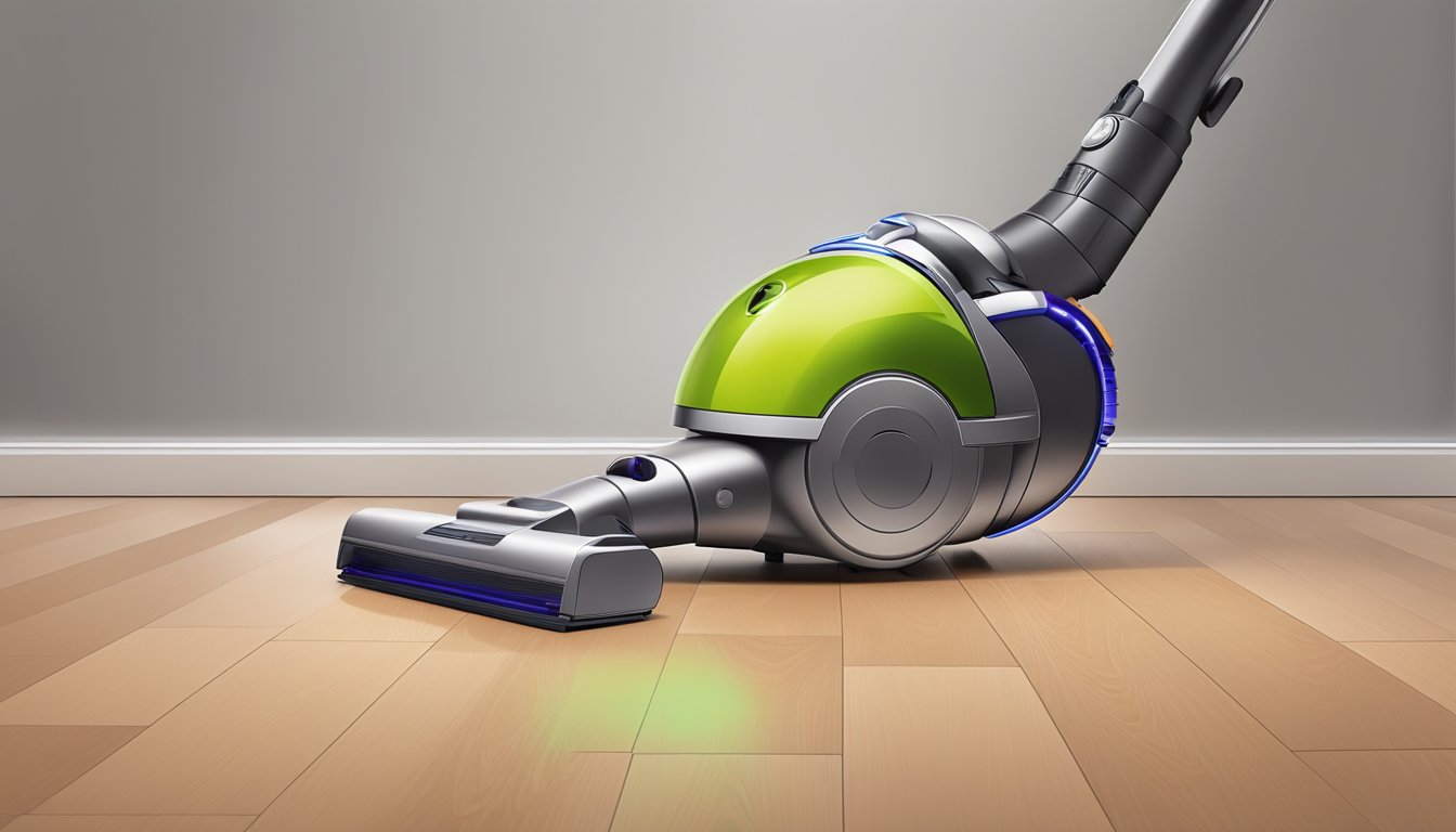 A sleek, modern vacuum cleaner sits on a clean, polished floor. Its innovative design and advanced technology are evident, with a logo of Dyson prominently displayed
