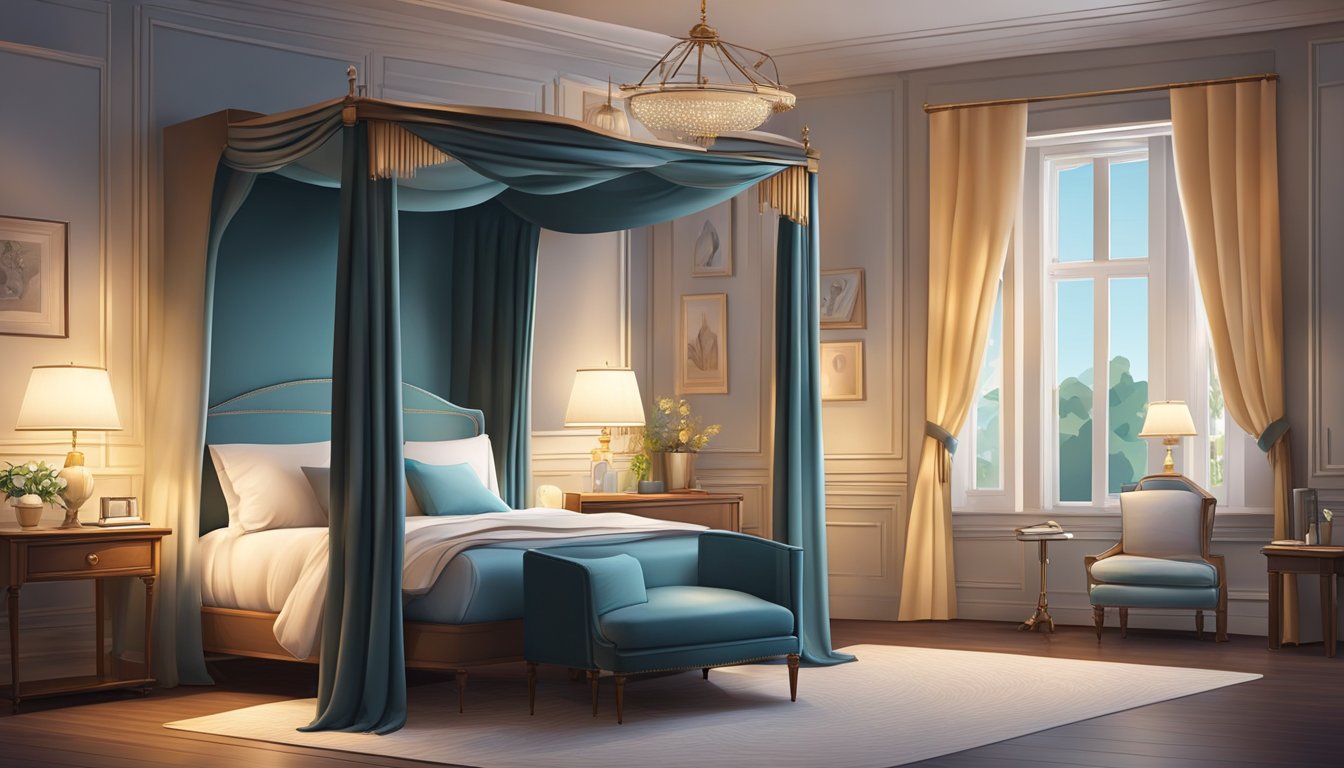 A cozy bedroom with a luxurious four poster bed, adorned with elegant drapes, and a nightstand with a stack of books and a reading lamp